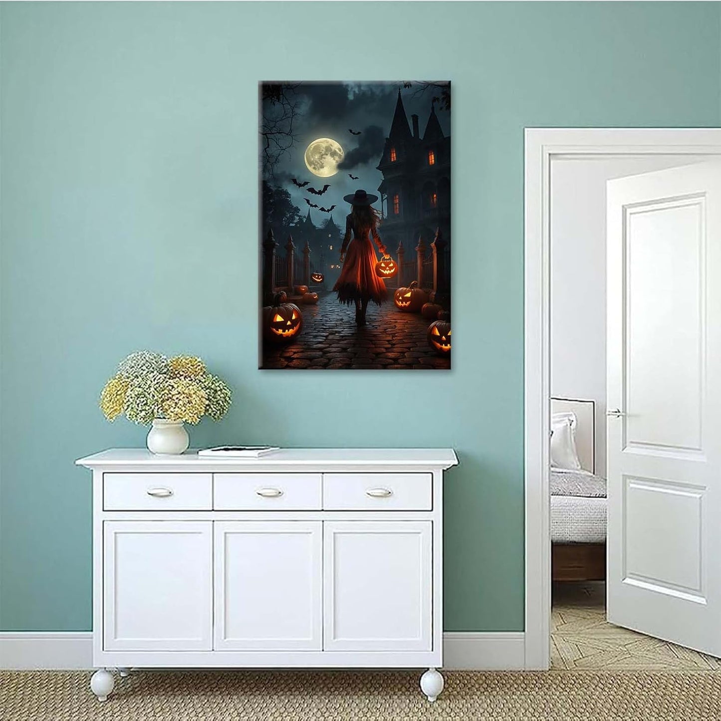 Halloween theme poster moonlit autumn night witch vintage poster art print dark college style gothic painting canvas wall decoration bedroom living room ideal gift12x16in Wood Framed