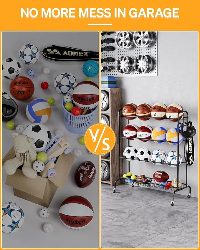 Basketball Rack, Rolling Basketball Shooting Training Stand,Sports Equipment Storage with Wheels, Four-Layer Organizer Holder with Two Basket for Basketballs Footballs Volleyball