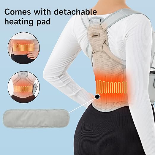 Back Brace Posture Corrector for Women and Men with Heating Pad, Adjustable Full Back Support Brace, Back Heating Pad for Pain Relief - Scoliosis, Hunchback, Spine Corrector (Gray, Large)