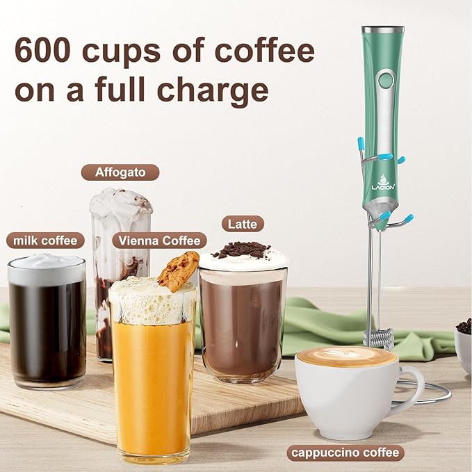 Rechargeable Frother Wand with Stand, Milk Frother with Detachable Stainless Steel Double Rings Whisk, 3-Speed Handheld Electric Drink Mixer for Lattes, Cappuccino, Coffee (Green)