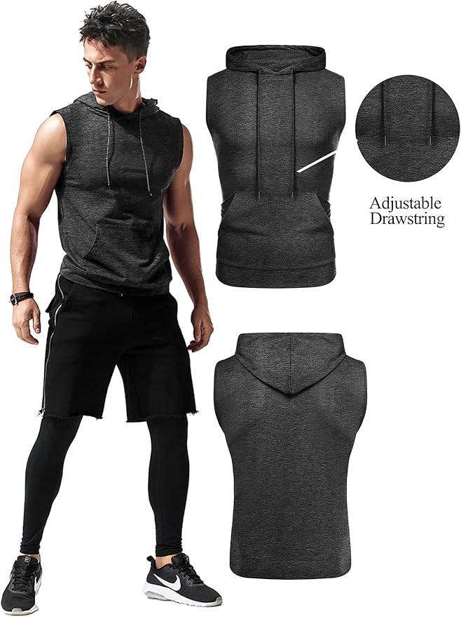 Babioboa Men's Workout Hooded Tank Tops Sleeveless Gym Hoodies Bodybuilding Muscle Cut Off T-Shirts