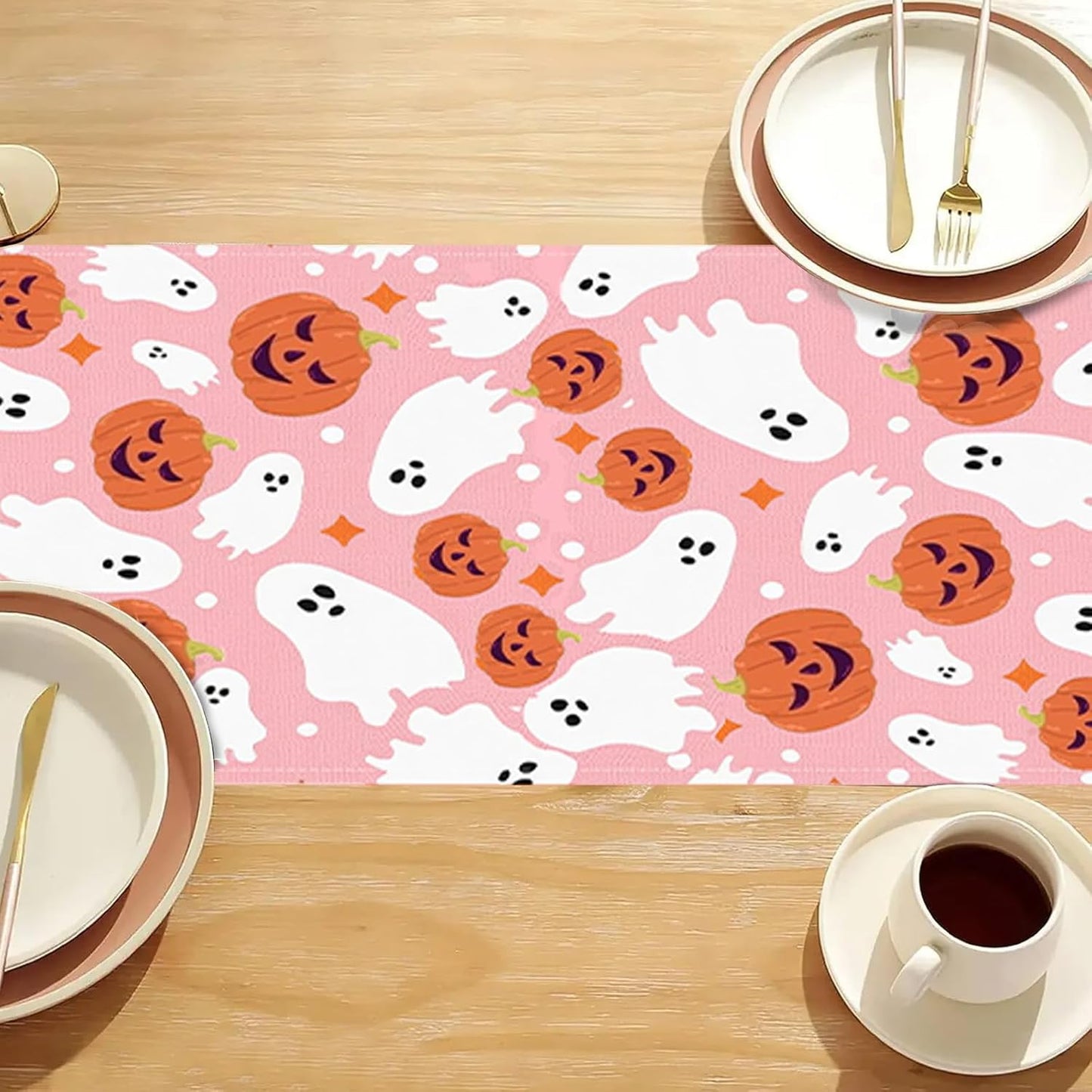 Halloween Table Runner Cute Spooky Ghost Pumpkin Table Linen Runner Pink Kitchen Dining Decoration Holiday Halloween Table Decoration for Holiday Indoor Outdoor Home Party Decor 13x72 Inch