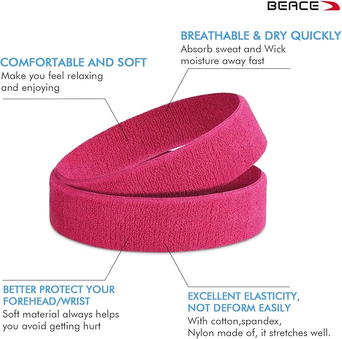 BEACE Sweatbands Sports Headband for Men & Women - Moisture Wicking Athletic Cotton Terry Cloth Sweatband for Tennis, Basketball, Running, Gym, Working Out