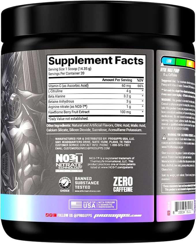 PROSUPPS Mr. Hyde Max Pump Pre Workout Powder - Stim-Free Preworkout Supports Blood Flow, Muscle Volume & Endurance - Caffeine-Free Nitric Oxide Gym & Fitness Supplements (Blue Razz, 20 Servings)