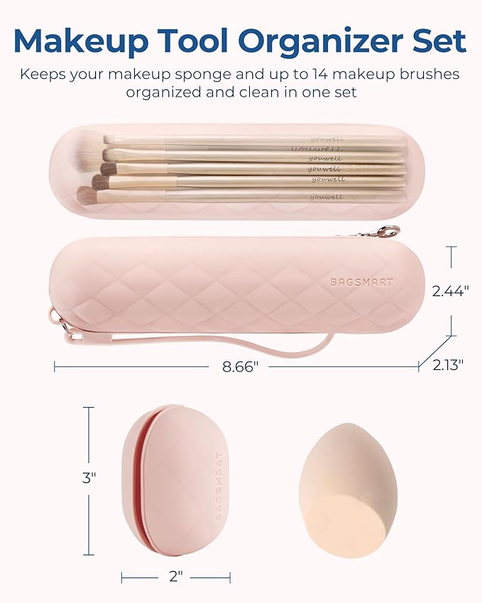 BAGSMART Travel Makeup Brush Holder Bag with Metal Zipper Closure, Travel Makeup Brush Case Cosmetic Bag, Silicone Soft Portable Face Brushes Travel Essentials Organizer Holder, Pink