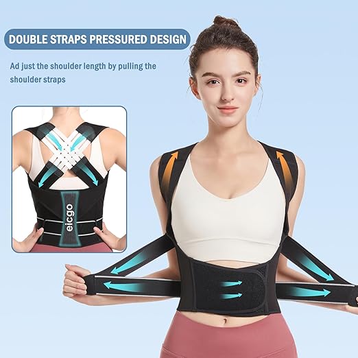 Posture Corrector,Suitable for Men and Women Upper and Lower Back Pain Relief - Scoliosis, Hunchback, Eicgo Adjustable Posture Corrector belt,Comfortable and Breathable Back Straightener (Black, Medium)