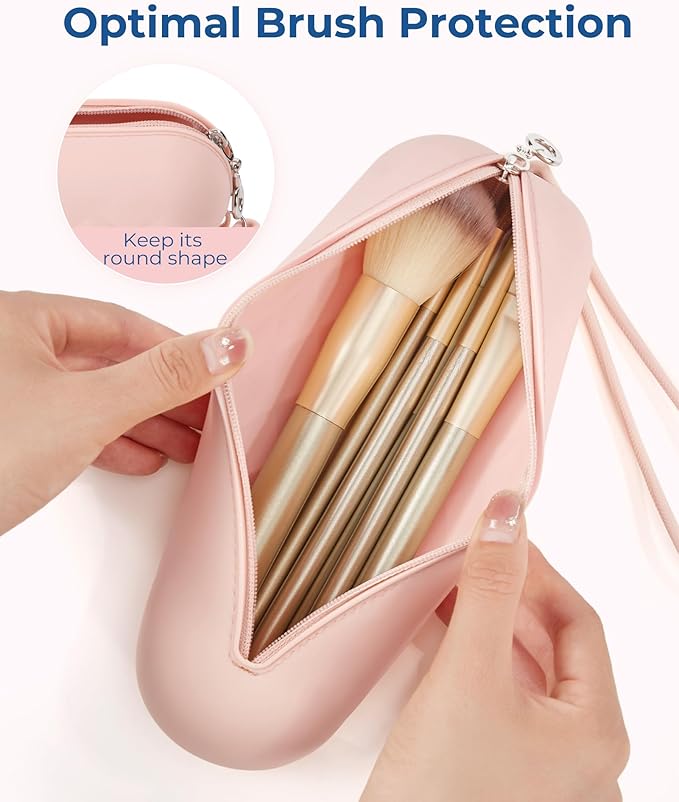 BAGSMART Makeup Brush Holder Bag, Travel Small Makeup Bag for Purse, Make Up Brush Bag Case Cosmetic Bag, Silicone Soft Portable Face Brushes Travel Essentials Organizer Holder, Light Khaki