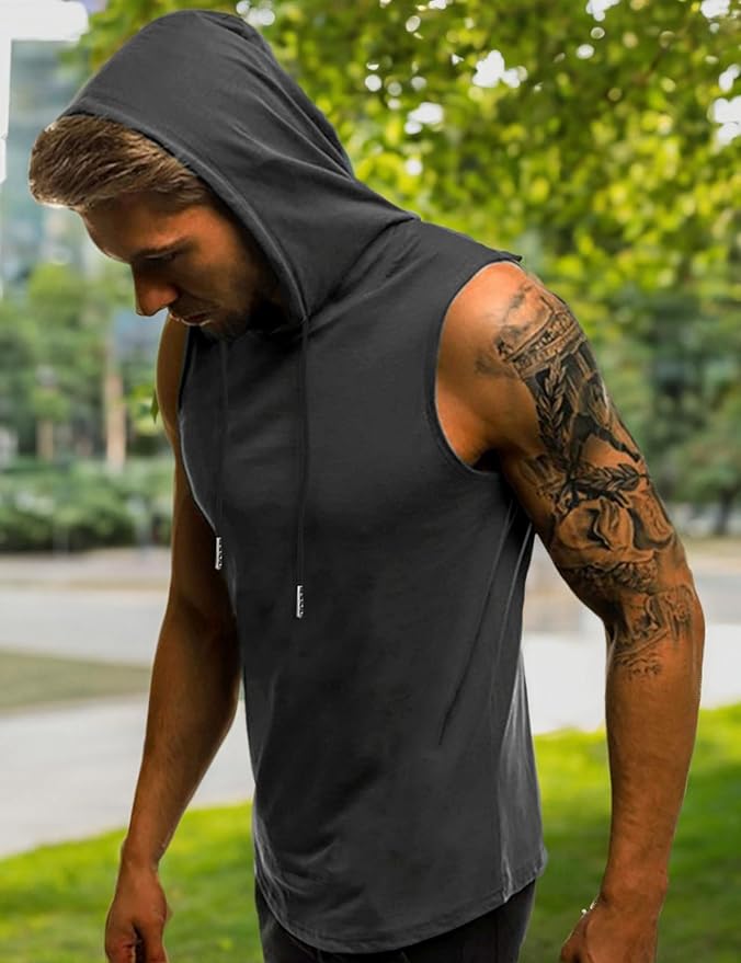Babioboa Men's Workout Hooded Tank Tops Sleeveless Gym Hoodies Bodybuilding Muscle Shirts