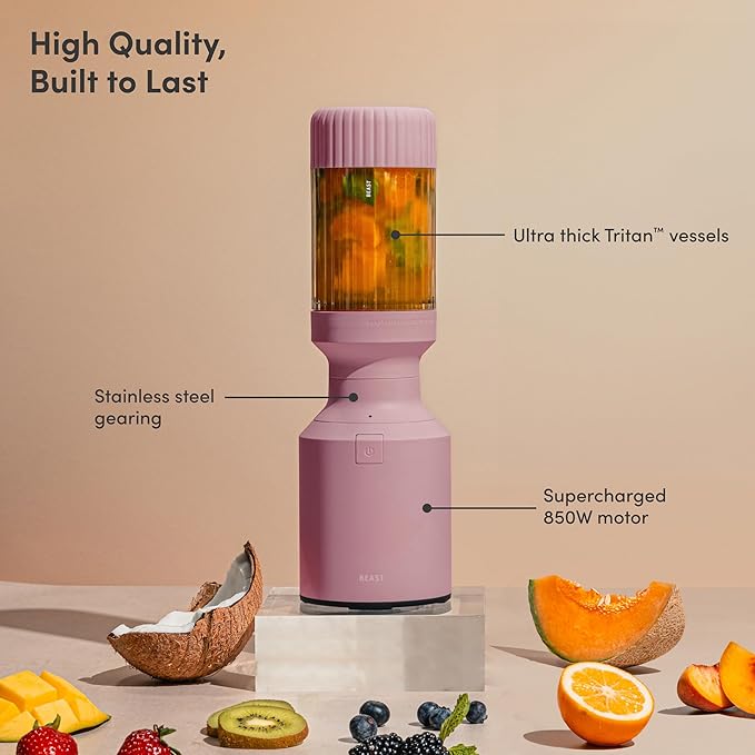 Beast Mighty 850 | Premium Compact Personal Blender | Smoothies, Shakes, Dressings, Sauces, Desserts, Dips | Blends Ice and Frozen Fruit | Includes Extra Lids and Straws | 850W (Lilac)
