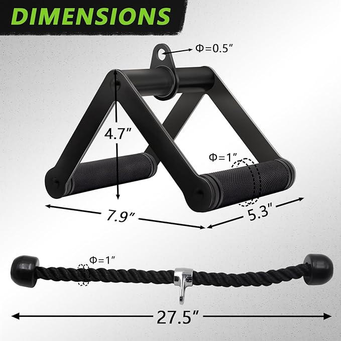 Double D Row Handle Cable Attachment for Weight Workout, Steel with Non-Slip Rubber Grip (Black)