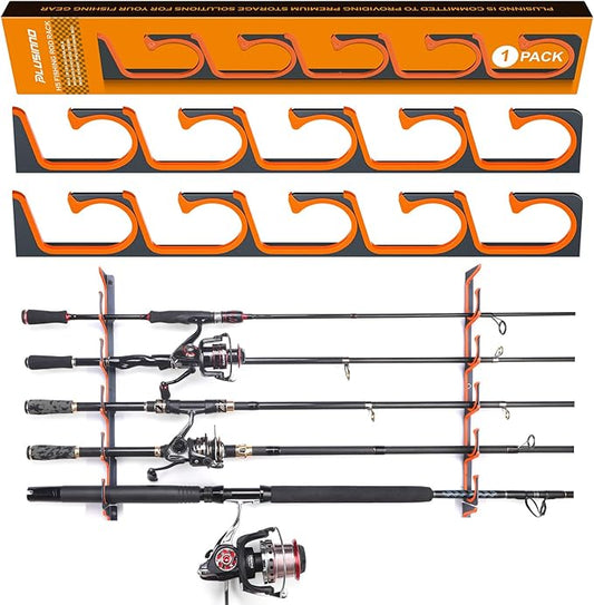 PLUSINNO H5 Horizontal Fishing Rod/Pole Holders for Garage, Wall or Ceiling Mounted Fishing Rod Rack, Aviation Aluminum Fishing Holder Holds up to 5/10/20 Rod or Combos or Nets Storage Racks