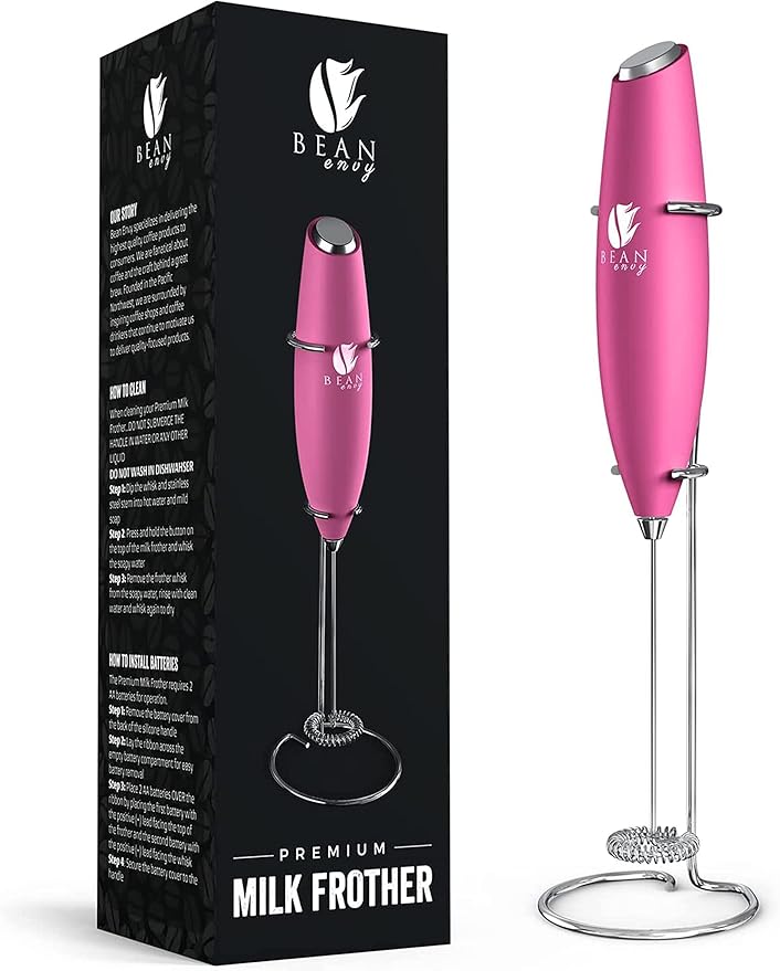 Bean Envy Milk Frother Handheld for Coffee - Electric Hand Blender, Mini Drink Mixer Whisk & Coffee Foamer Wand with Stand for Lattes, Cappuccino, Matcha and Hot Chocolate - Kitchen Gifts - Raspberry