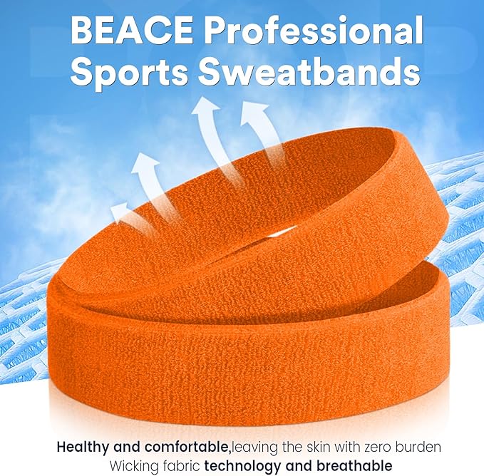 BEACE Sweatbands Sports Headband for Men & Women - Moisture Wicking Athletic Cotton Terry Cloth Sweatband for Tennis, Basketball, Running, Gym, Working Out