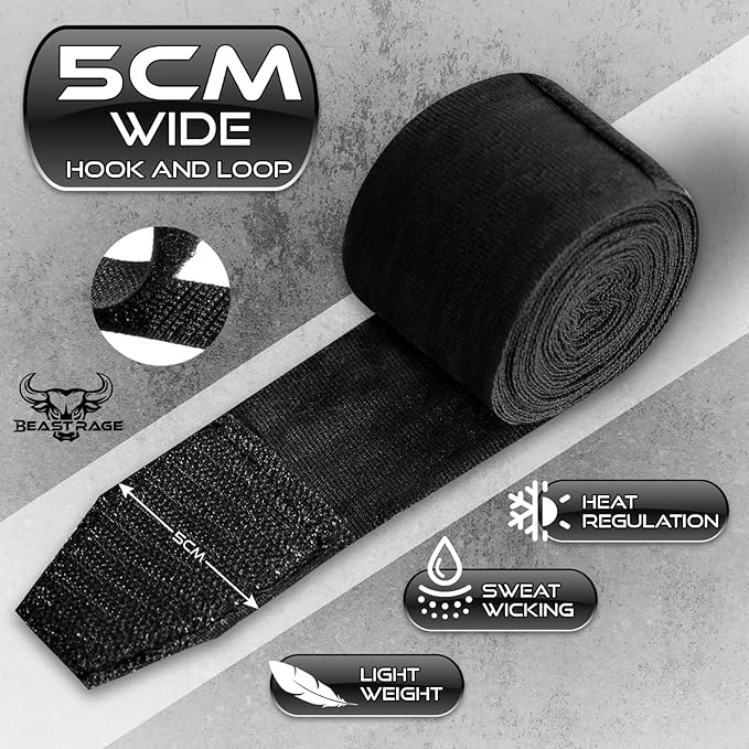 BEAST RAGE Boxing Hand Wraps 4.5 Meter Martial Arts Bandages Inner Gloves Wrist Support Straps Punching Under Hand Knuckles Heavy Elasticated Training Bag Mitts Muay Thai