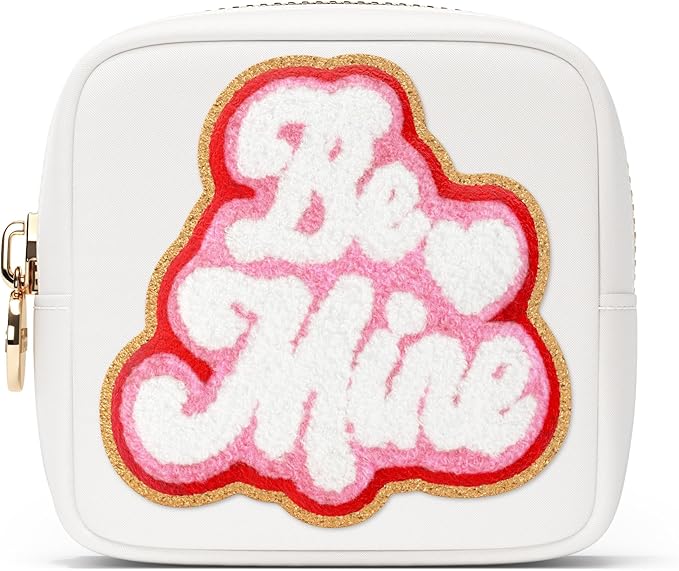 BE MINE Valentine Makeup Bag Travel Cosmetics Pouch and Toiletry Bag, Nylon Zipper Pouch Purse, Cute Make Up Organizer Storage Tote for Women Girls, Travel Skincare Case, Small Makeup Bags, White