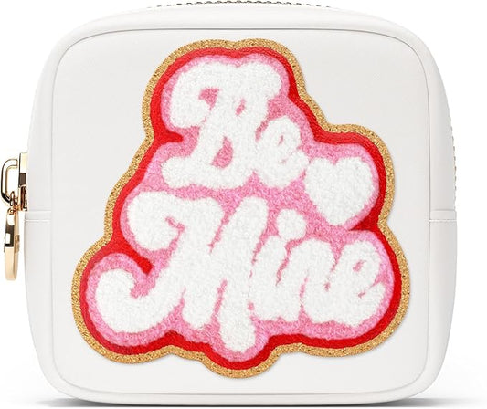 BE MINE Valentine Makeup Bag Travel Cosmetics Pouch and Toiletry Bag, Nylon Zipper Pouch Purse, Cute Make Up Organizer Storage Tote for Women Girls, Travel Skincare Case, Small Makeup Bags, White