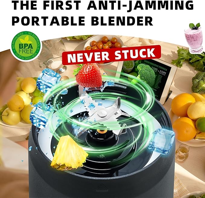 Portable Blender for Smoothies and Shakes, Anti-Jamming, 24oz USB-C Rechargeable, BPA-Free, Electric Protein Shaker Bottle with Travel Lid for Kitchen, Gym & Office.(Black Base Yellow Lid)