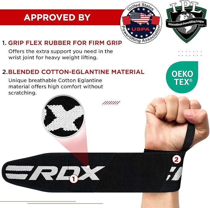 RDX Wrist Wraps for Weightlifting (Pair), IPL USPA Approved, Elasticated 18” Cotton Straps Support with Thumb Loop, Gym Wrap for Weight Lifting Powerlifting Competition Strength Training Bodybuilding