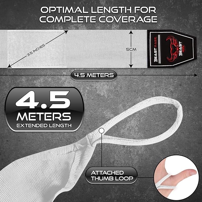 BEAST RAGE Boxing Hand Wraps 4.5 Meter Martial Arts Bandages Inner Gloves Wrist Support Straps Punching Under Hand Knuckles Heavy Elasticated Training Bag Mitts Muay Thai