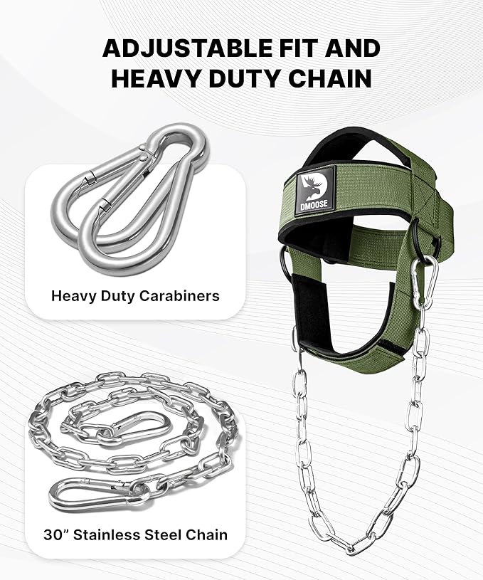 DMoose Neck Harness for Weight Lifting - 30" Heavy Duty Steel Chain - Neck Exerciser, Trainer & Strengthener for Injury Recovery Support & Workout- Adjustable Head & Chin Strap