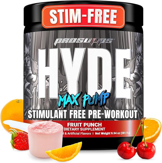PROSUPPS Mr. Hyde Max Pump Pre Workout Powder - Stim-Free Preworkout Supports Blood Flow, Muscle Volume & Endurance - Caffeine-Free Nitric Oxide Gym & Fitness Supplements (Fruit Punch, 20 Servings)