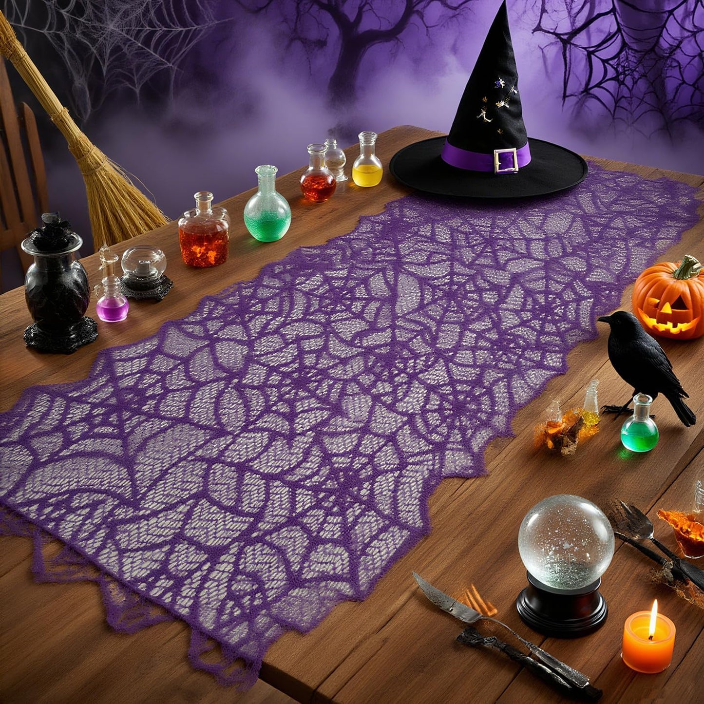 1-Pack Halloween Table Runner, Purple Spider Web Lace Table Runner, Gothic Kitchen Decor, Fall-Themed Party Decorations, Spider Web Reusable Home Accent, 13 x 72 Inches