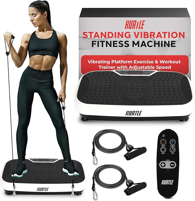 Hurtle Fitness Vibration Platform Machine - Home Gym Whole Body Shaker Exercise Machine Workout Trainer Fast Weight Loss w/Resistance Bands Easy Carry Wheel Remote Adjustable Speed