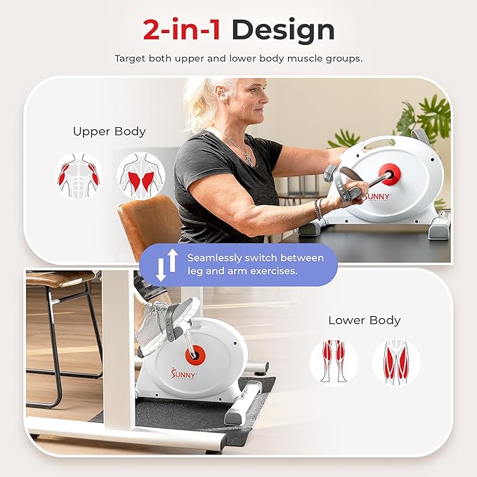 Sunny Health & Fitness Smart Mini Pedal Exerciser, Under Desk Bike/Elliptical for Home Workout & Cycle Cardio Training, Free SunnyFit App Link, Optional in Color, Mat/Workout Bands or Steel Stabilizer