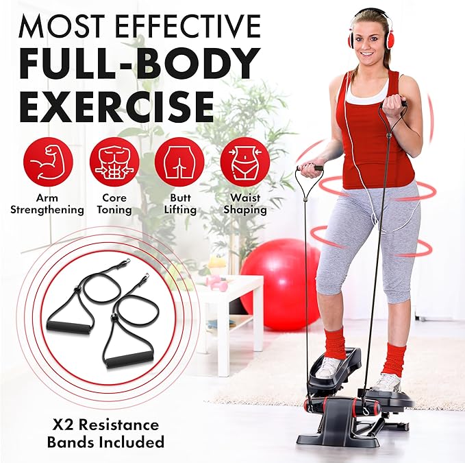 Stair Stepper with Resistance Bands - Twist Stepper Machine with LCD Display, Anti Slip Pedals - Hip Butt Leg Workout Equipment for Women & Men, Cardio Steppers for Exercise at Home, Office