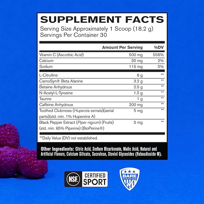 Bare Performance Nutrition BPN Flight Pre Workout, Supports Energy and Mental Focus, Improved Endurance & Muscle Pumps with CarnoSyn® Beta Alanine, Blue Raspberry, 30 Servings