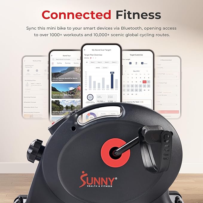 Sunny Health & Fitness Smart Mini Pedal Exerciser, Under Desk Bike/Elliptical for Home Workout & Cycle Cardio Training, Free SunnyFit App Link, Optional in Color, Mat/Workout Bands or Steel Stabilizer
