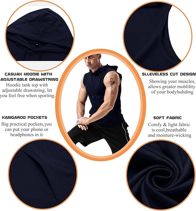 Babioboa Men's Workout Hooded Tank Tops Sleeveless Gym Hoodies Bodybuilding Muscle Cut Off T-Shirts
