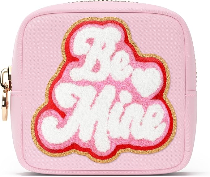 BE MINE Valentine Makeup Bag Travel Cosmetics Pouch and Toiletry Bag, Nylon Zipper Pouch Purse, Cute Make Up Organizer Storage Tote for Women Girls, Travel Skincare Case, Small Makeup Bags, Flamingo