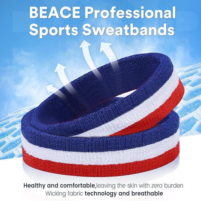 BEACE Sweatbands Sports Headband for Men & Women - Moisture Wicking Athletic Cotton Terry Cloth Sweatband for Tennis, Basketball, Running, Gym, Working Out