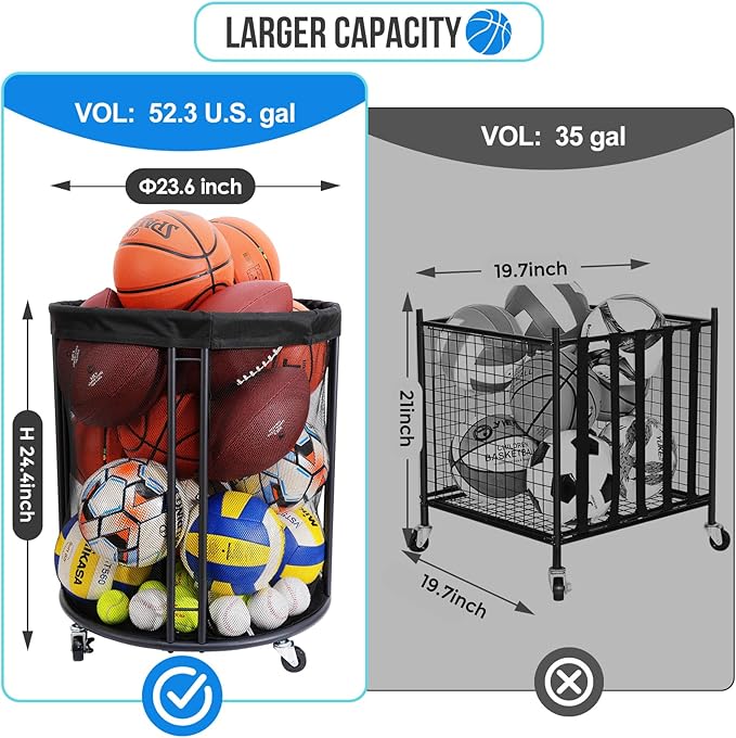 Ball Storage Bin for Garage, Balls Holder for Soccer, Basketball, Ball Cart, Rolling Basketball Rack for Outdoor, Indoor