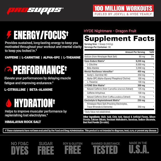 PROSUPPS Mr. Hyde Nightmare Pre Workout Powder with Caffeine & Beta Alanine - Preworkout for Intense Energy, Mental Focus & Performance - Gym & Fitness Supplements (Dragon Fruit, 30 Servings)