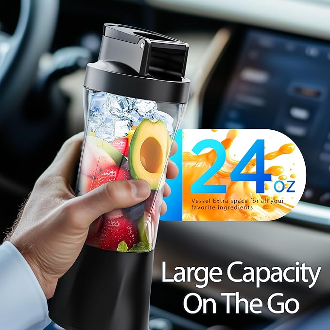 Portable Blender, Cordless, 24oz. Vessel, Personal Blender-for Shakes & Smoothies, BPA Free, Leakproof-Lid & Sip Spout, USB-C Rechargeable & Self Cleaning - Travel Blender with 6 Sharp Blade, Black