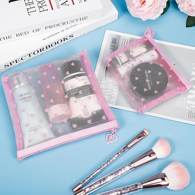 6 Pack Mini Zipper Mesh Makeup Bags, Heart Print Nylon Cosmetic Bags Toiletry Bags for Office Travel Organization (Widened-Pink, S)
