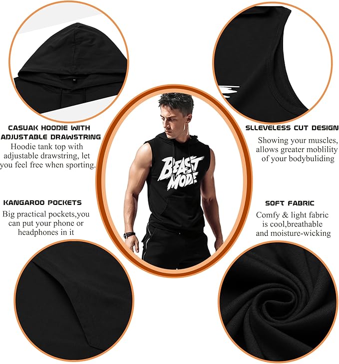 Babioboa Men's Workout Hooded Tank Tops Sleeveless Gym Hoodies Bodybuilding Muscle Cut Off T-Shirts