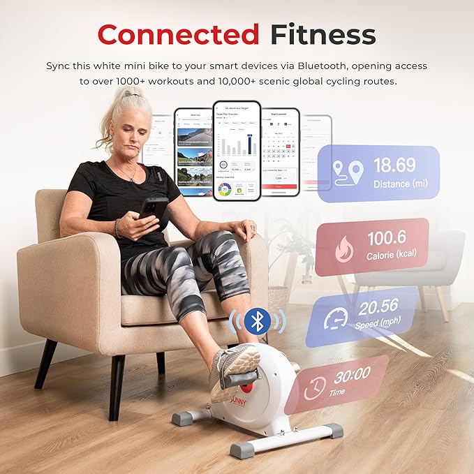 Sunny Health & Fitness Smart Mini Pedal Exerciser, Under Desk Bike/Elliptical for Home Workout & Cycle Cardio Training, Free SunnyFit App Link, Optional in Color, Mat/Workout Bands or Steel Stabilizer