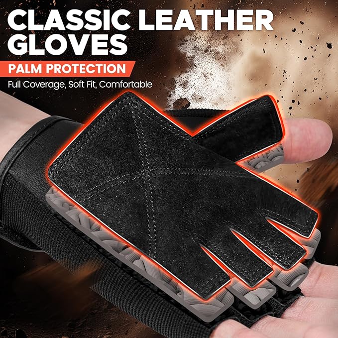 BEACE Weight Lifting Gym Gloves with Anti-Slip Leather Palm for Workout Exercise Training Fitness and Bodybuilding for Men & Women