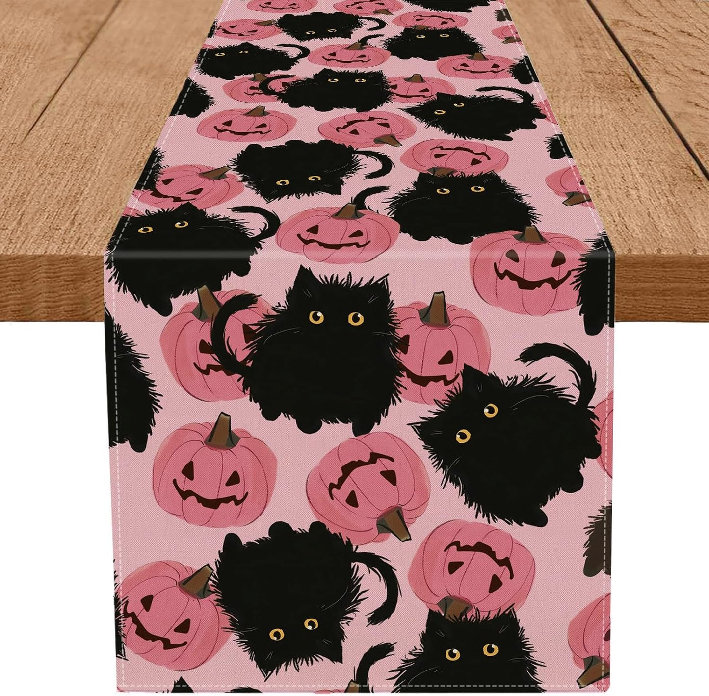 Halloween Table Runner Black Cat Pink Pumpkins Seasonal Kitchen Dining Table Home Outdoor Party Decorations 13x48 Inch