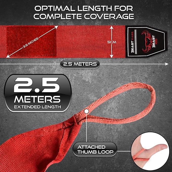 BEAST RAGE Boxing Hand Wraps 4.5 Meter Martial Arts Bandages Inner Gloves Wrist Support Straps Punching Under Hand Knuckles Heavy Elasticated Training Bag Mitts Muay Thai