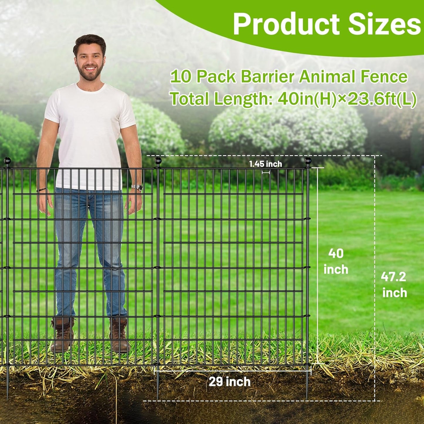 10 Panels No Dig Decorative Outdoor Garden Fence for Yard, 40 in(H) X 23.6 ft(L) Animal Barrier Fencing Rustproof Metal Wire Panel Border for Dog, Rabbits, and Patio Temporary Ground Stakes