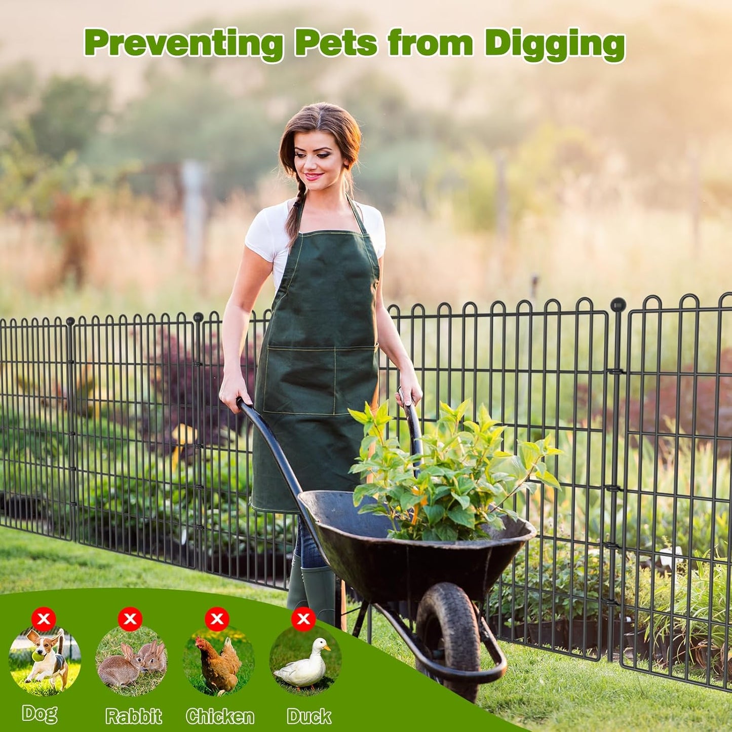 10 Panels No Dig Decorative Garden Fence with Gate for Yard, 24 in(H) X 20 ft(L) Animal Barrier Fencing for Outdoor Dog, Metal Portable Garden Fences for Borders, Pets, Landscape, Temporary Fence