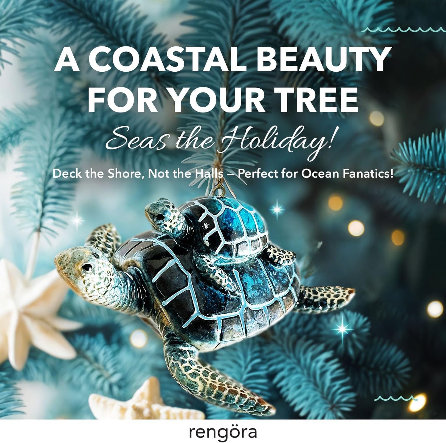 Hand-Painted Beach Christmas Ornament – Coastal Tree Decoration for Ocean Lovers – Unique Nautical Ornament for Christmas Tree or Stocking Stuffer Gift (Blue Sea Turtle Mother and Baby)