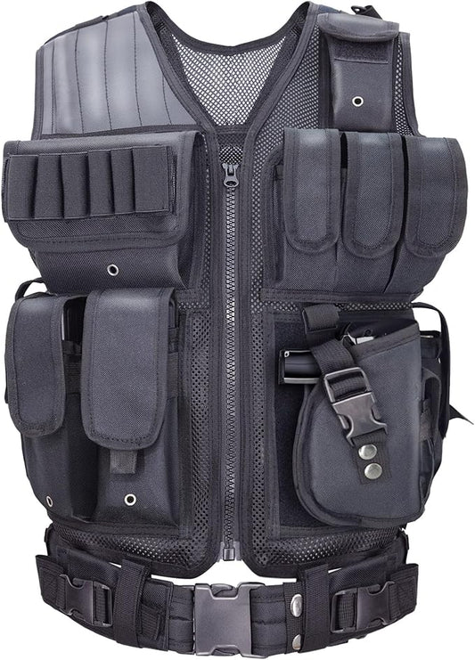 Airsoft Vest Adult Adjustable S-XXXXL, Tactical Vest for Men Lightweight Breathable 600D Nylon, Youth Combat vest for Paintball Training Black
