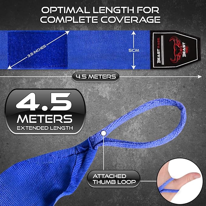 BEAST RAGE Boxing Hand Wraps 4.5 Meter Martial Arts Bandages Inner Gloves Wrist Support Straps Punching Under Hand Knuckles Heavy Elasticated Training Bag Mitts Muay Thai