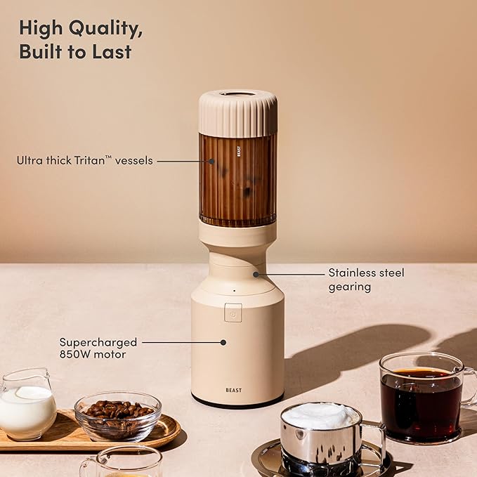 Beast Mighty 850 | Premium Compact Personal Blender | Smoothies, Shakes, Dressings, Sauces, Desserts, Dips | Blends Ice and Frozen Fruit | Includes Extra Lids and Straws | 850W (Sand)