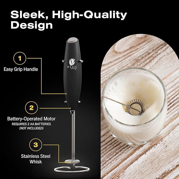 Bean Envy Milk Frother Handheld for Coffee - Electric Hand Blender, Mini Drink Mixer Whisk & Coffee Foamer Wand with Stand for Lattes, Cappuccino, Matcha and Hot Chocolate - Kitchen Gifts - Black